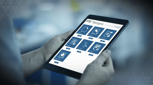 Tablet showing an interface with 'PTC Navigate' on